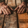 Older man's hands putting together hand hewn beams