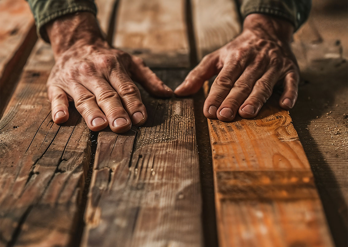 Older man's hands putting together hand hewn beams