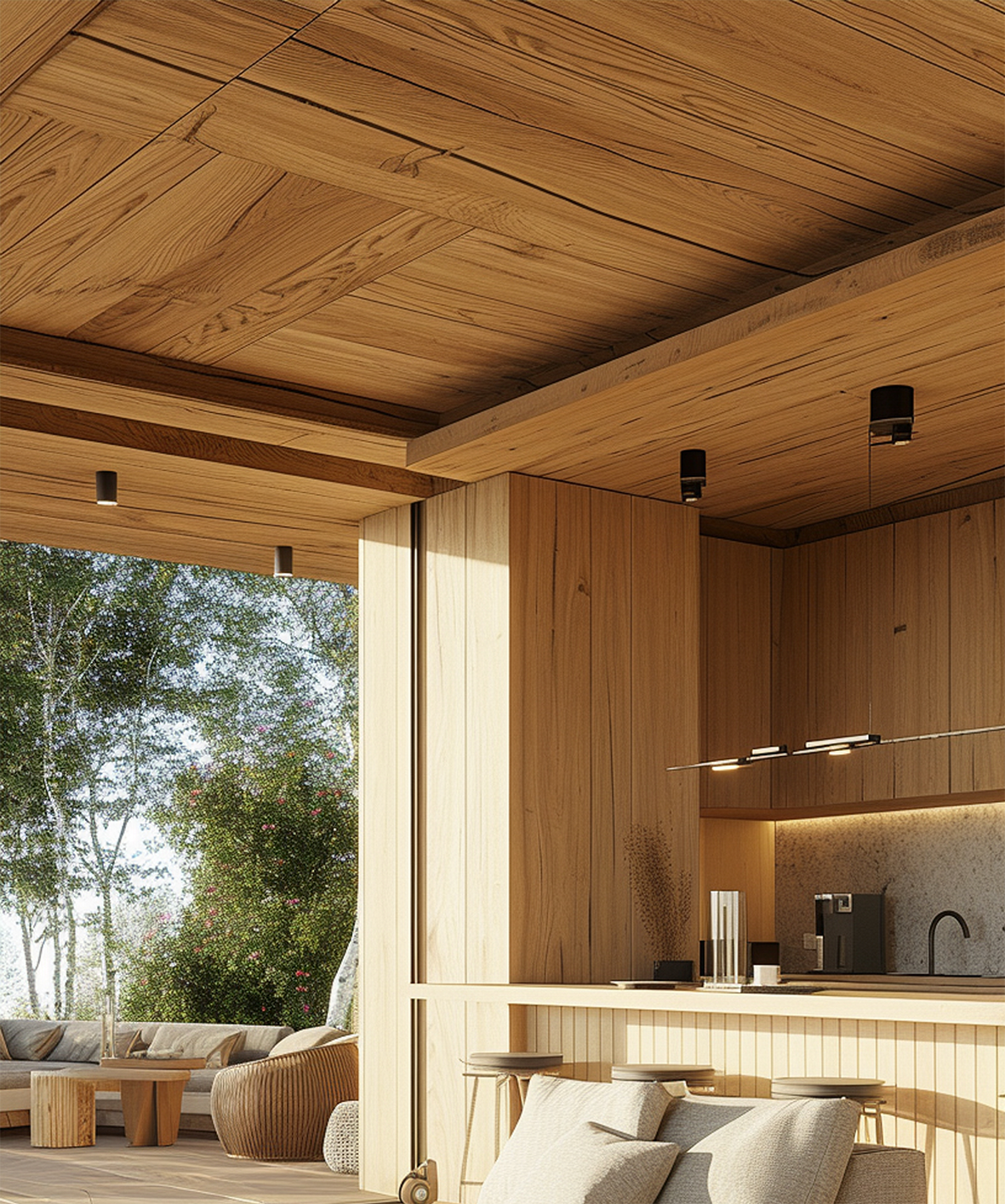 Aesthetic view of a wood paneling used in a modern kitchen with outdoor access